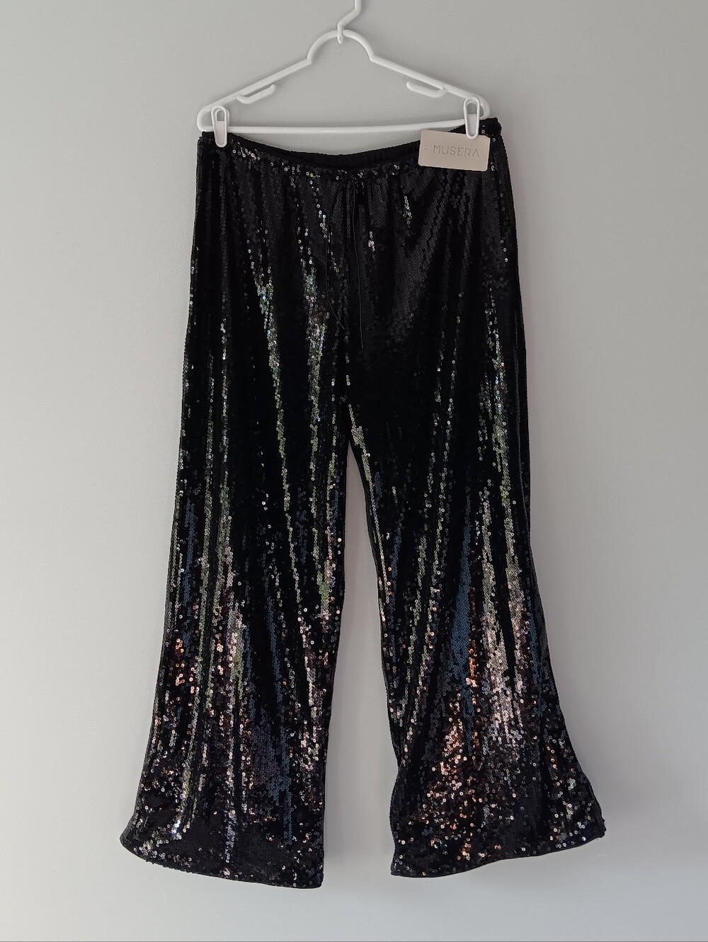 Musera Sequin Wide Leg Drawstring Low Waist Pants Black Large